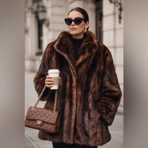 Vintage Faux Fur Coat XL Brown Mink Look Made in USA Olympia Limited Glam Winter